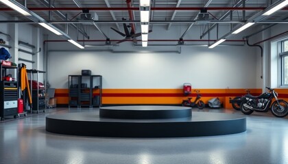 Empty minimal podium in a modern garage or workshop setting. Automotive, industrial concept with copy space.
