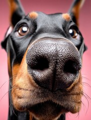 Close-up view of a Doberman pincher showcasing its distinct features and expressive eyes under a vibrant pink background
