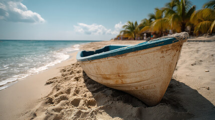 Fototapeta premium Sunlit beach with an old boat resting on the sand near turquoise waters and palm trees under a clear blue sky