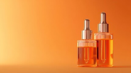 Amber serum bottles, orange background, product display