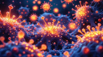 Fototapeta premium Microscopic View of Viruses: A vivid, digitally rendered image showcasing the structure and proliferation of viruses in a blue and orange color scheme.
