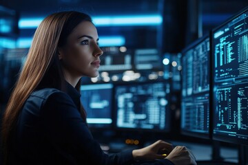 Female cybersecurity professionals analyzing data breaches and security threats across multiple digital screens, showcasing women leading cyber defense operations in high-tech network environments