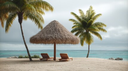 Serenity at a beachfront hut with lounge chairs surrounded by palm trees and calm waters under a cloudy sky