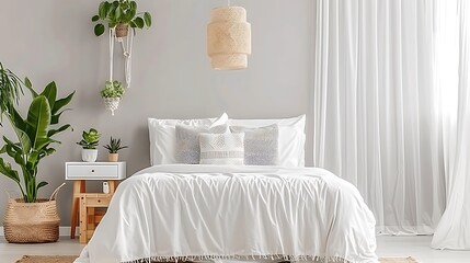 Inviting bedroom showcasing a tranquil and minimalistic design with lush plants