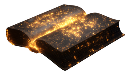 Open ancient book with glowing golden pages, representing magic and knowledge. Isolated on a transparent background.