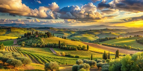 Fototapeta premium Golden Hour Serenity Rolling Hills, Verdant Vineyards, and Cypress Trees at Sunset