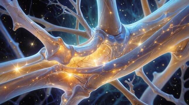 Network of biological structures with glowing nodes and cosmic background, evocative of neural connections and pathways.