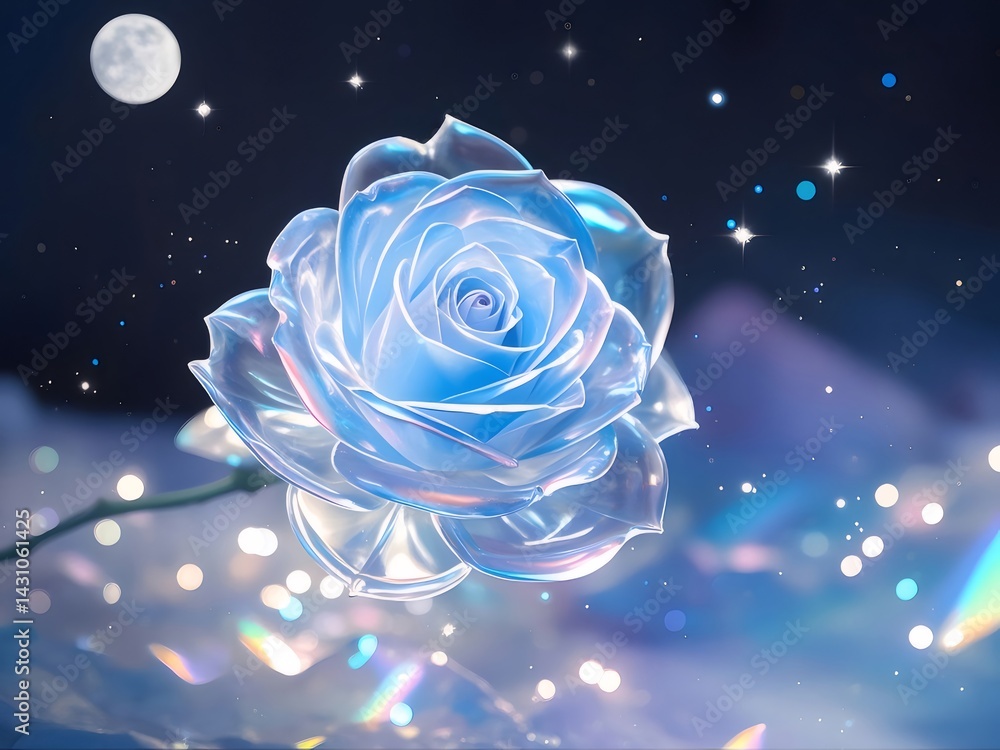 Poster 青いバラの花びらと月の光の輝きと星の輝きを背景に咲く幻想的なイメージ
