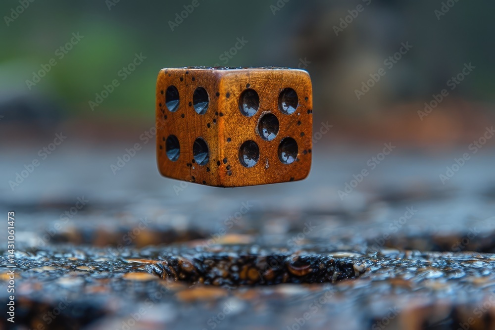 Poster An isolated wooden dice floats above a wet textured surface