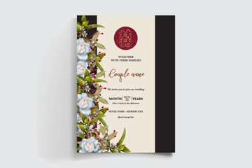 WEDDING INVITATION FRAME WITH FLOWER DECORATIONS AND FRESH LEAVES