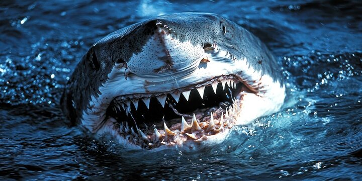 A dramatic close-up of a great white shark&acirc;&euro;&trade;s face, its sharp teeth visible as it swims through the deep blue ocean