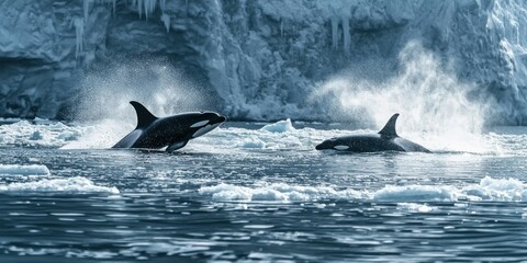 Fototapeta premium A dramatic scene of orcas chasing a seal near an icy shoreline, the ocean swirling with movement