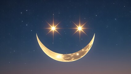Fototapeta premium Celestial Smiley: Two Bright Stars & Crescent Moon Forming a Cheerful Face in the Night Sky