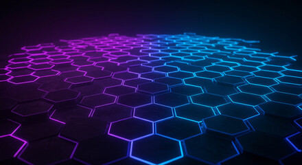 Fototapeta premium Futuristic Neon Hexagonal Grid Seamless Pattern with Abstract Lighting