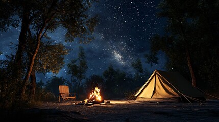 Tranquil Night Campsite: Starry Sky, Campfire, and Tent