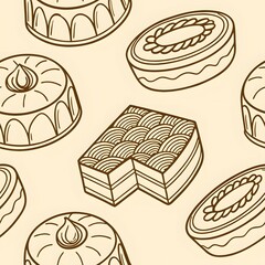 Delicious Thai desserts displayed in a charming hand-drawn pattern, showcasing various cakes and sweet treats. A delightful visual feast for the eyes.