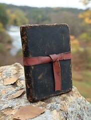 Old book tied with ribbon on stone outdoors with blurred nature background.