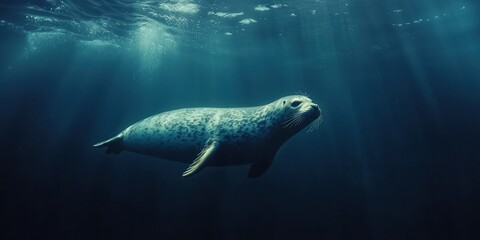 A dramatic underwater view of a leopard seal gliding through the Antarctic waters