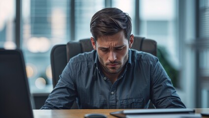 A stressed businessman looks down in deep thought.