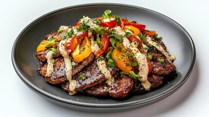 Grilled Meat with Colorful Vegetables and Sauce