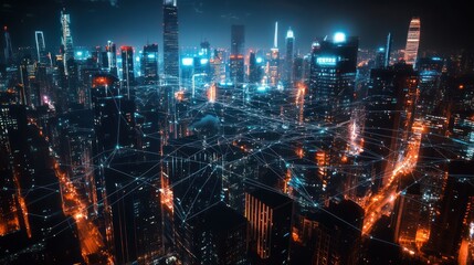 Fototapeta premium Night cityscape, network connections, urban development, futuristic technology, website banner