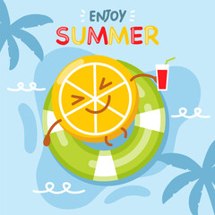 vector summer illustration cartoon orange lies on inflatable circle in water