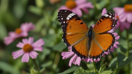 Naklejka premium Orange butterfly on pink flowers, garden background, nature photography, website banner