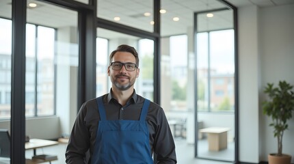 Fototapeta premium Confident Professional Man in Modern Office Setting, Wearing Apron and Glasses, Smiles Calmly at Camera. A Portrait of Success and Skill.