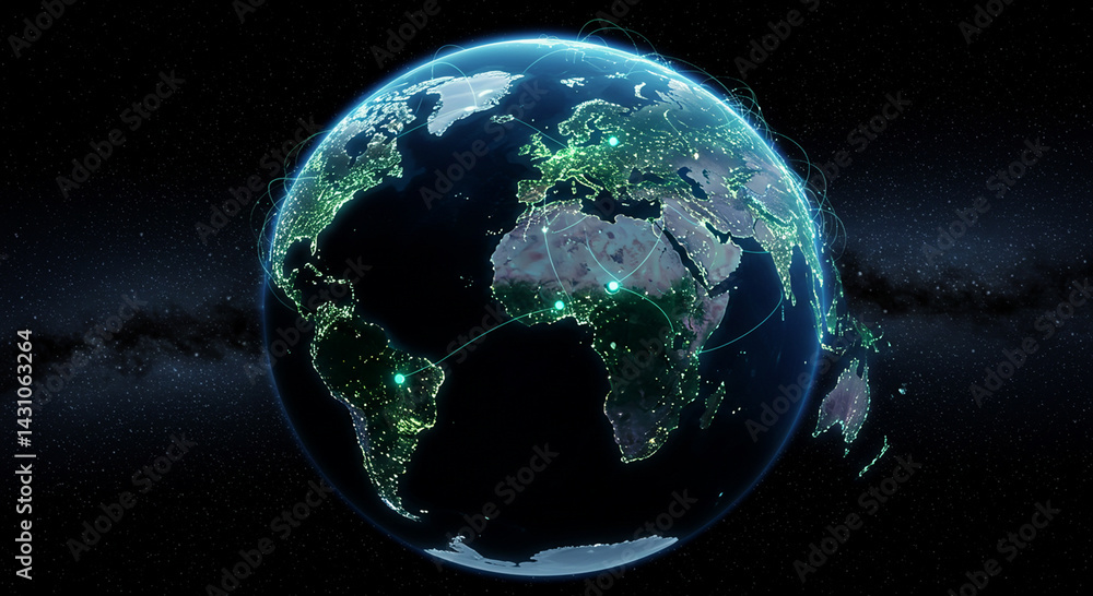 Poster global connectivity visualization with glowing network across the earth