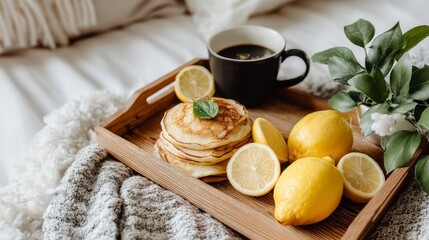 Breakfast in bed a wooden tray holds a stack of pancakes, lemons, a cup of coffee, and fresh greenery.