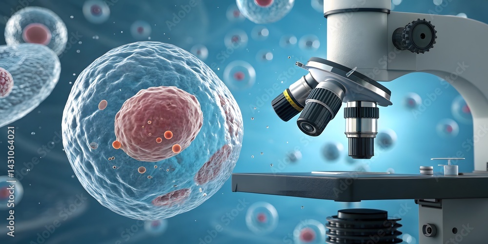 Poster exploring cellular structures a 3d render of a human cell under microscopic examination, revealing i