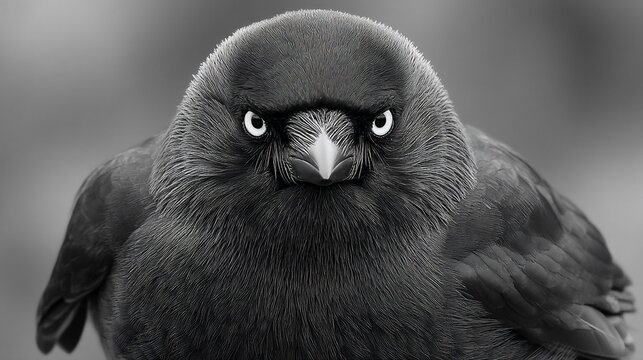 A bold, unflinching stare from a dark bird. A portrait in greyscale. Intense eyes!