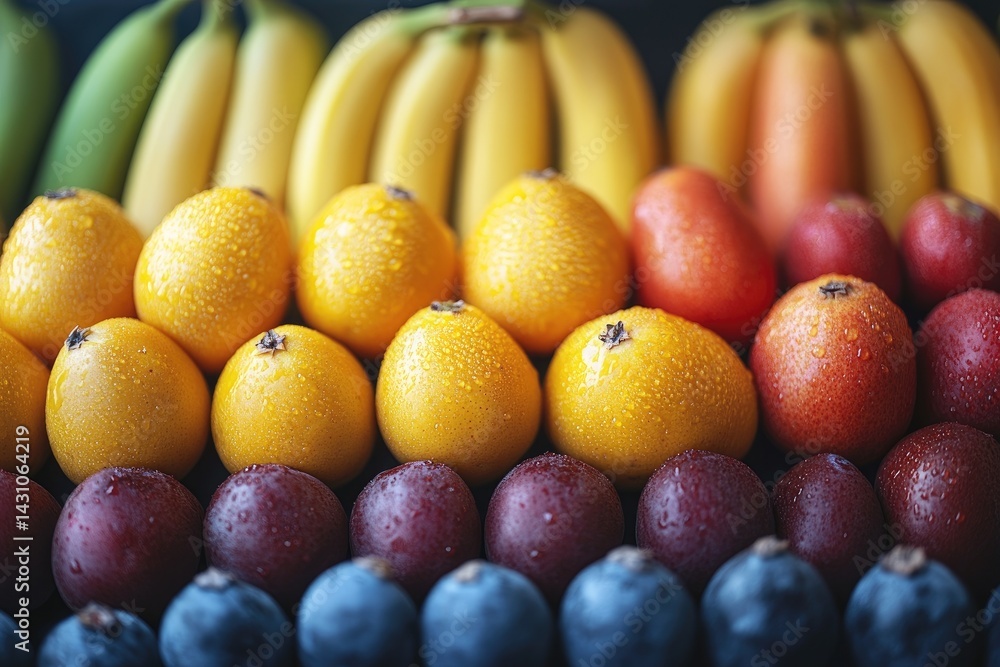 Poster an array of fresh fruits arranged with varied vibrant colors