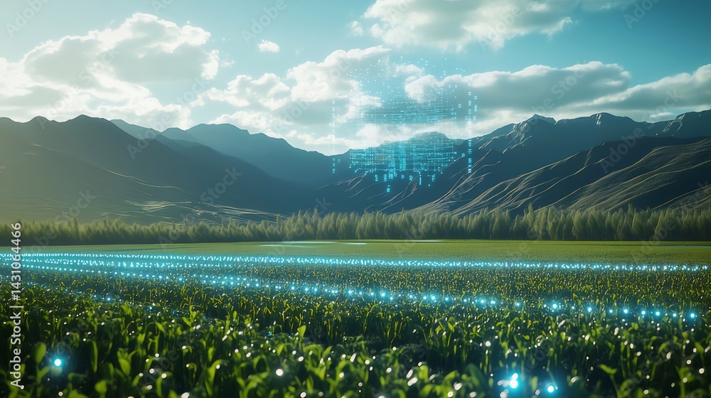 Poster 青い光と緑の草地の風景と山々 空に雲が広がる昼間の屋外シーン