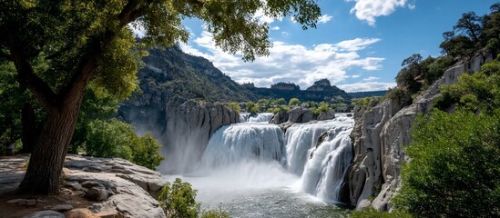 Fototapeta premium A cascade of water rushes down the rocky cliff face, surrounded by green forest