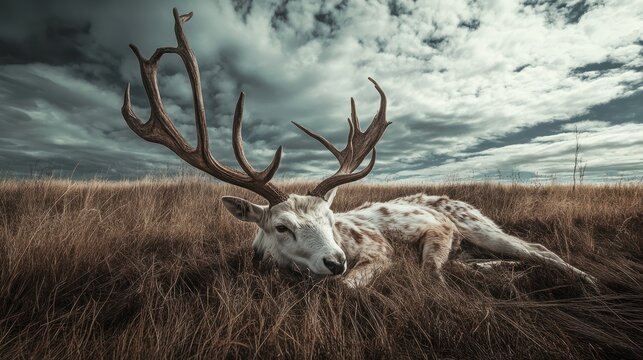 Majestic white-spotted deer resting in autumn field under stormy sky; nature wildlife photography
