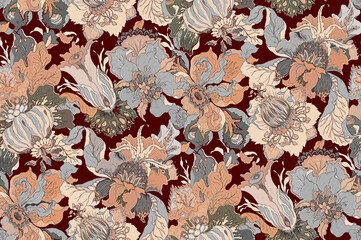 Hand Drawn Leaves and Flowers Seamless Art Design