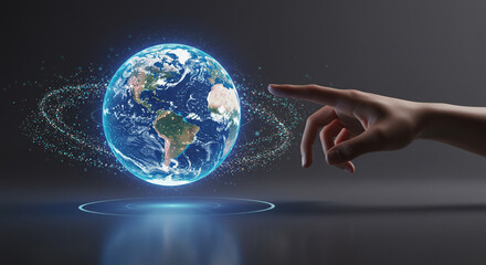 Futuristic earth hologram with touch interaction symbolizing global connectivity