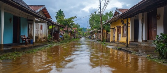 Obraz premium Flooded village street, houses, monsoon