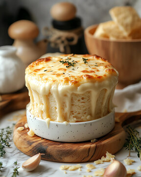 A delicious cheese baked dish melting over a bowl with herbs and garlic, perfect for gourmet meals.