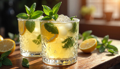 Refreshing lemonade spritzer cocktails garnished with mint and lemon on wooden table