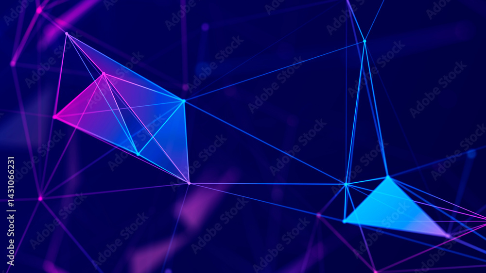Poster Abstract polygonal space with connecting dots and lines. Dark background. Connection structure. 3d
