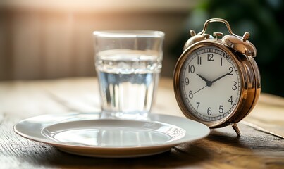 Close-up of an alarm clock and an empty plate on a wooden table with a glass of water, representing the morning time