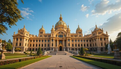 Obraz premium Grand Palace: Majestic building with intricate architectural details, set amidst lush gardens and a clear sky, perfect for tourism.