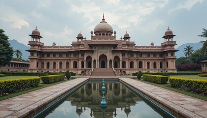 Obraz premium Grand palace reflecting in a tranquil water feature, showcasing architectural symmetry and serene landscape with lush greenery surrounding it.