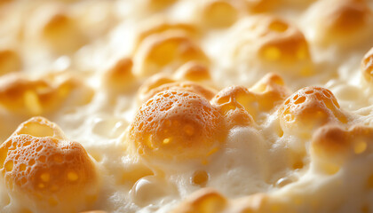 Close-up of melted cheese with golden bubbles, showcasing delicious texture and inviting appearance.