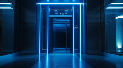 Futuristic Elevator with Neon Blue Lighting in Modern Building Interior