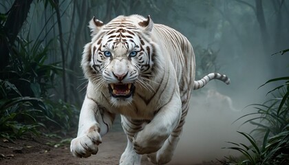 A white tiger with blue eyes running through a forest with its mouth open and a determined look on its face © Ja