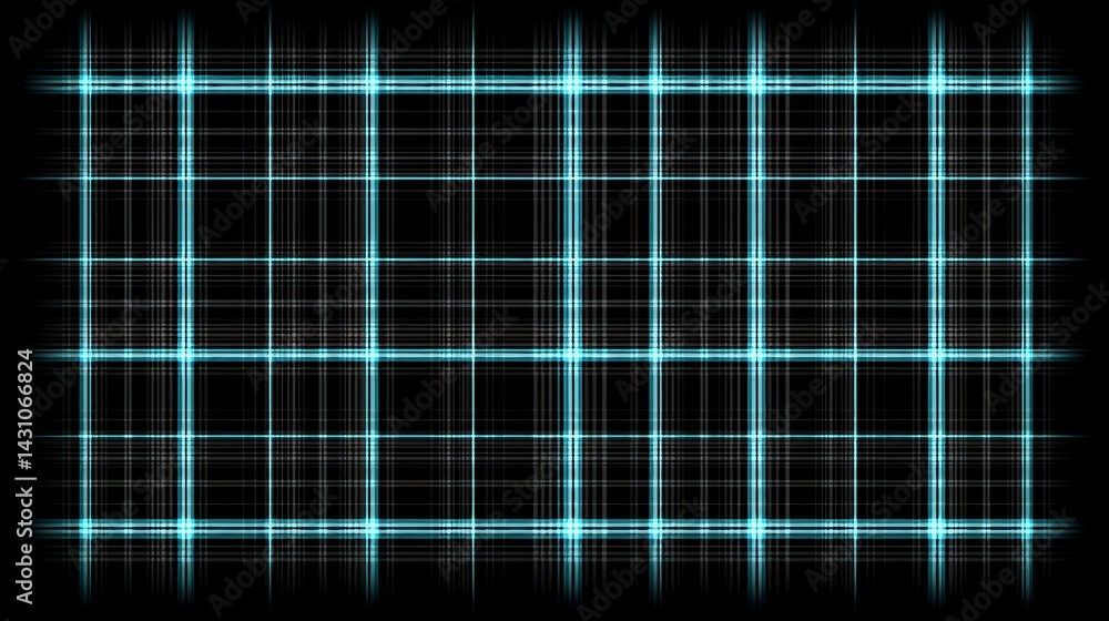 Poster abstract background with glowing cyan and gray grid pattern on black, digitally created.