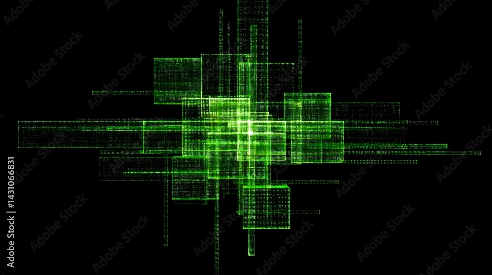 Poster abstract digital art featuring glowing green data streams and geometric shapes on a black background